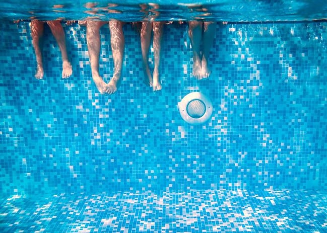 four sets of feet dangling in an inground pool