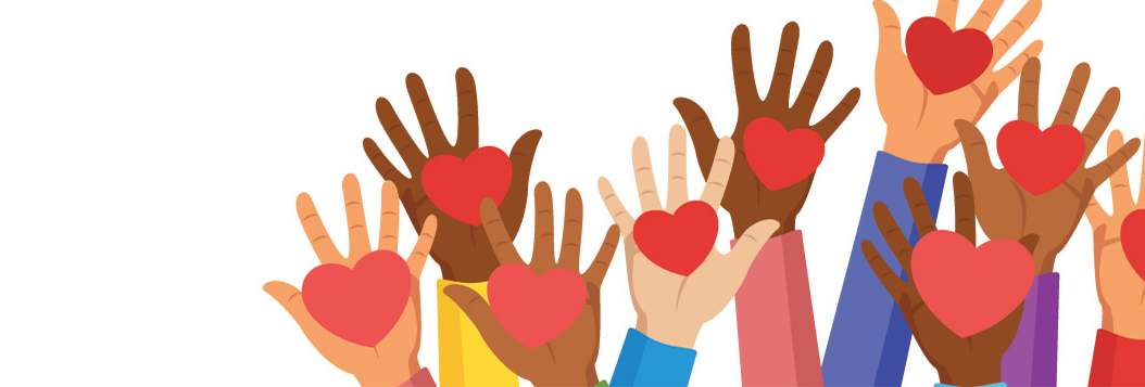 community involvement graphic of multiracial hands holding hearts in them
